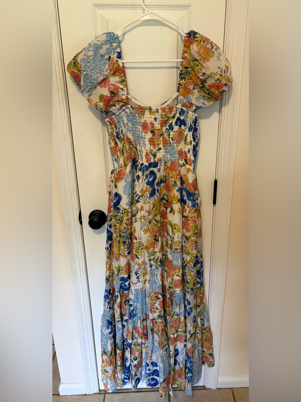 THML Floral Puff-Sleeve Maxi Dress in Blue, Yellow & Cream - Picture 3 of 6